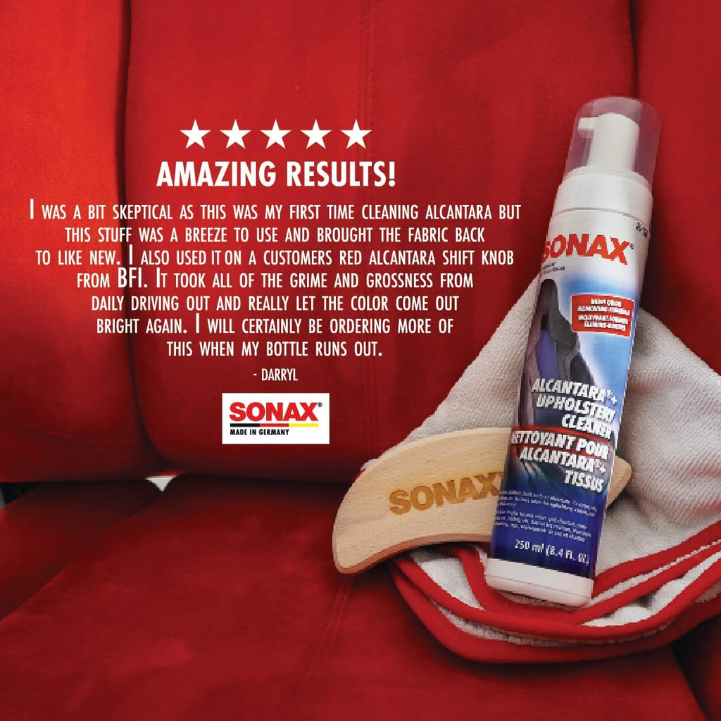 SONAX Upholstery and Alcantara Cleaner (206141), Foaming Alcantara (Synthetic Suede) Cleaning, Dirt and Grime Build-Up Cleaner for Upholstery and Alcantara, 8.45oz, 250 ml