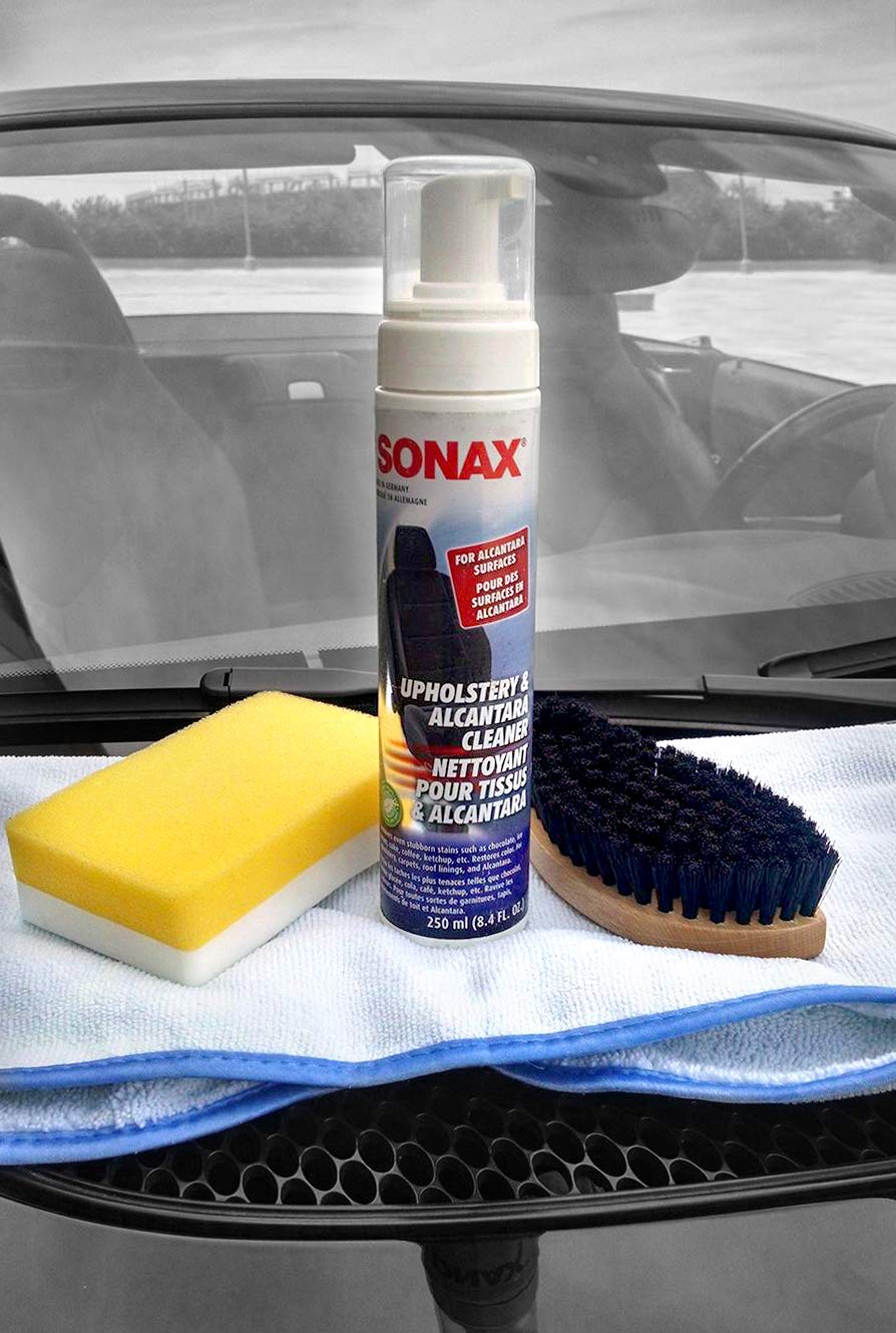 SONAX Upholstery and Alcantara Cleaner (206141), Foaming Alcantara (Synthetic Suede) Cleaning, Dirt and Grime Build-Up Cleaner for Upholstery and Alcantara, 8.45oz, 250 ml