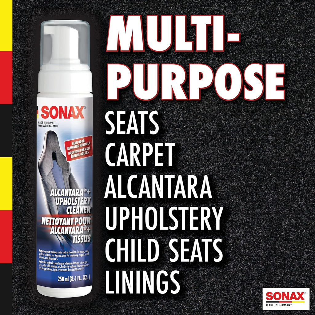 SONAX Upholstery and Alcantara Cleaner (206141), Foaming Alcantara (Synthetic Suede) Cleaning, Dirt and Grime Build-Up Cleaner for Upholstery and Alcantara, 8.45oz, 250 ml